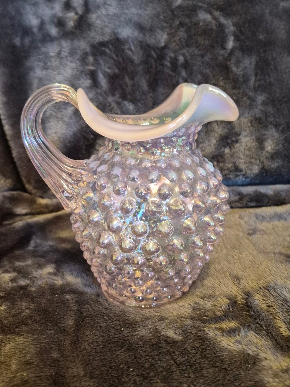 Fenton Pink Hobnail Iridescent Glass Pitcher w/ White Crest Rim Handle